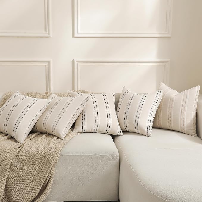 Hckot Black Striped Throw Pillow Covers 16x16 Set of 2 Accent Pillow Cover | Textured Linen Decorative Pillowcase Square Cushion Covers for Couch Sofa Bed Living Room Boho Farmhouse Home Decor