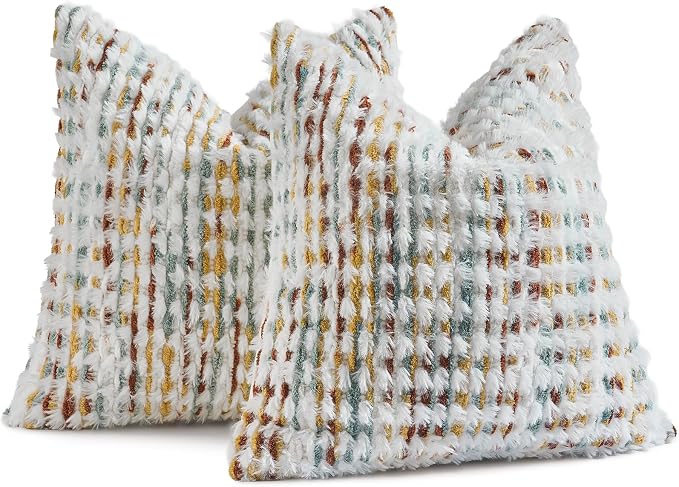AmHoo Set of 2 Boho Chenille Pillow Cover Decorative Tufted Pillowcase for Couch Bed Sofa Bedroom Living Room Modern 20 x 20-Inch Brown White