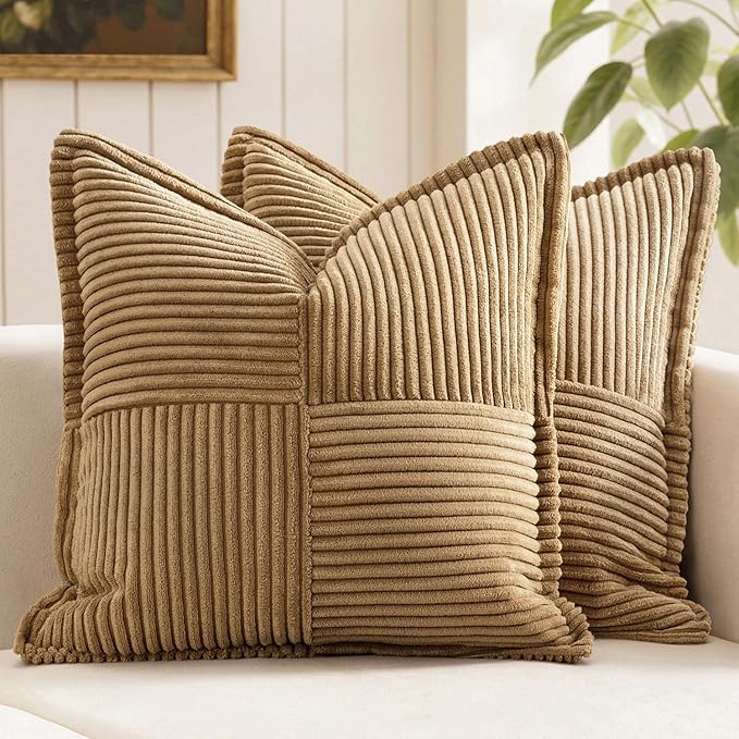 MIULEE Decorative Throw Pillow Covers for Couch 18x18 Inch Brown 2 Pack | Boho Broadside Striped Patchwork Pillow Covers, Soft Corduroy Cushion Cases, For Sofa Bed Livingroom Home Decor