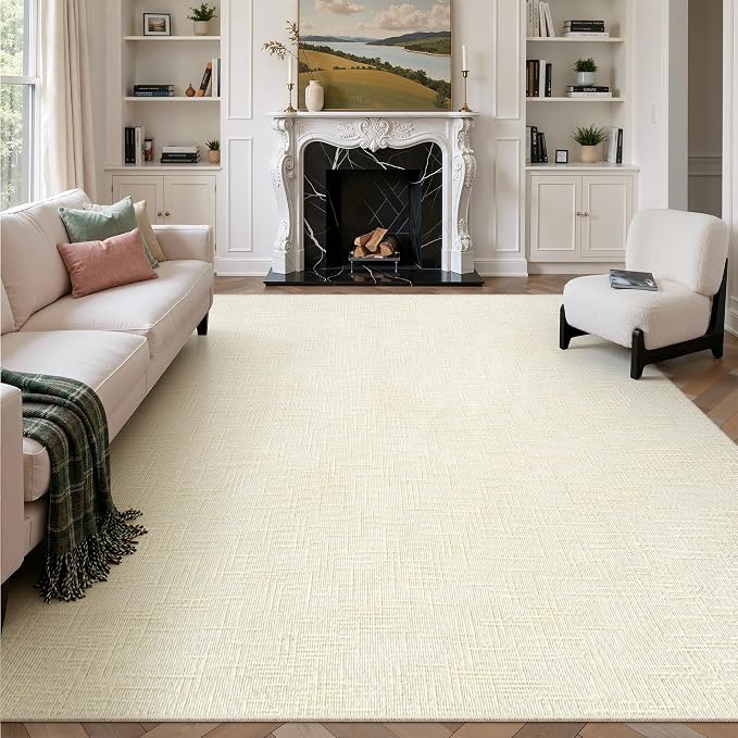 8x10 Area Rugs for Living Room, High-Low Pile Washable Rug, Ivory | Soft Fluffy Textured Design Non Slip & Lighweight, Folable, Stain Resistant Floor Carpet Rug for Bedroom, Dining Room, Office