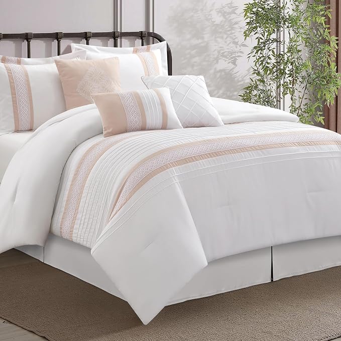 7 Piece Comforter Set, Pink White, Queen Size, Boho Style Geometric Microfiber Embroidery, Bed in a Bag with Bedskirt, Pillow Shams and Decor Pillows