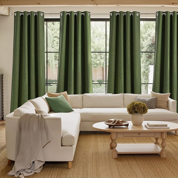 NICETOWN Froest Green Faux Linen Room Darkening Rod Pocket Curtains 63 inch Length, W42 x L63, Light Blocking Thermal Insulated Noise Reducing Drapes for Bedroom Living Room Farmhouse Decor, 2 Panels