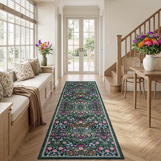 PLHXFR 2.6x10 Washable Runner Rug：Floral Indoor Kitchen Carpet Dark Green | For Hallway Bedroom Kitchen Laundry Bathroom Dorm,Vintage Floral,Machine washable,Non Slip,Stain Resistant,Indoor Floor