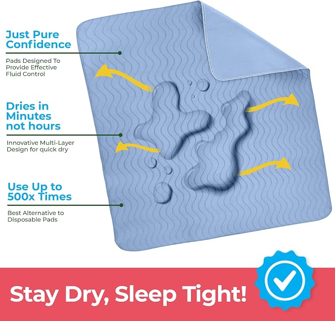 6 Pack Waterproof Reusable Heavy Absorbency Incontinence Bed Pads 34"x36" | Utopia Bedding Washable Underpads, Chuck Pads for Adults, Kids, Elderly and Pets, Bedwetting Pads for Sofa and Couch, Blue