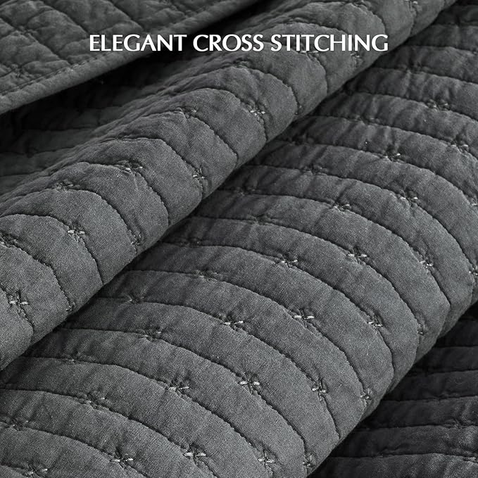 100% Cotton Cross Stitch 3-Piece Quilt Set, King, Charcoal | Cross Stitch Cotton Quilt, Pre-Washed Bedding Set, Oversized Lightweight Bedspread Coverlet, for All Season, with 2 Shams