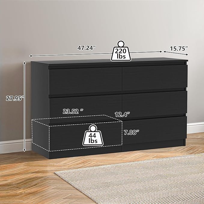 Vibe & Dine 6 Drawer Double Dresser, Modern Chest of Drawers with Wide Storage for Closet, Bedroom, Living Room, Black