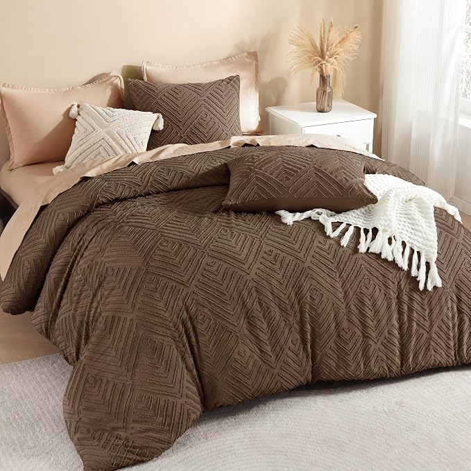 Litanika Queen Size Comforter Set, 3 Pieces Brown Tufted Boho Bedding Set | Farmhouse Shabby Chic Vintage Bohemian Textured Aesthetic Soft Fluffy Lightweight Breathable All Season Bed Set for Queen Bed