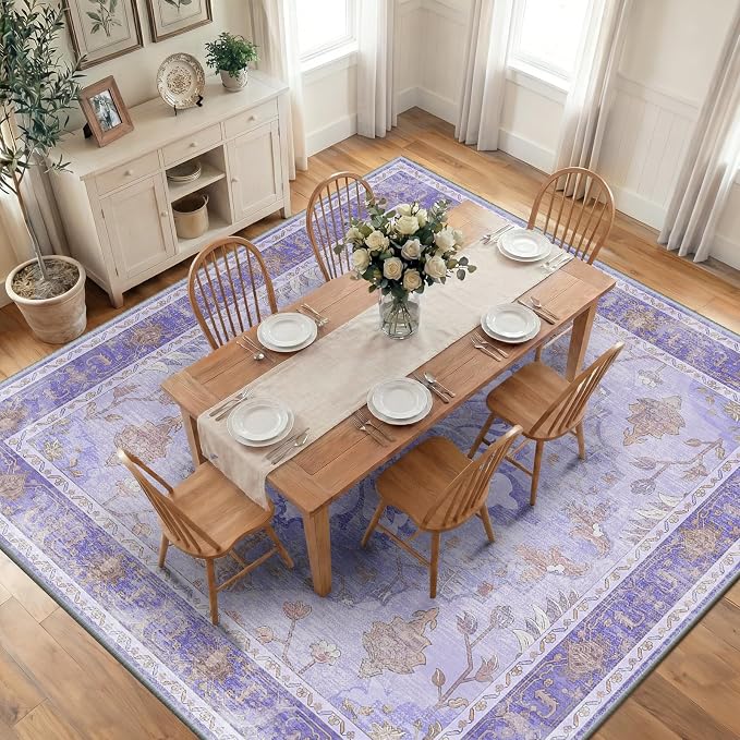 RELEANY Washable Area Rug, Square 10'x10', Purple | Non-Slip, Water Repellent, Pet Friendly, Easy to Clean, Vintage Floral Boho Decor for Living Room Bedroom Dining Room