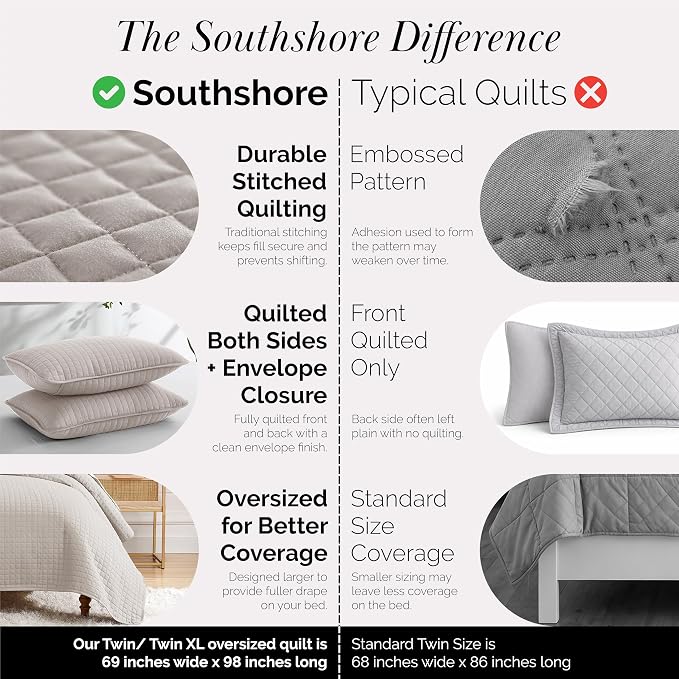 Southshore Fine Living, Inc. Twin Quilt Bedding Set, Microfiber Quilt, XL Twin Bedspread Coverlet, Pet Hair Resistant Bedding Set, Natural Beige Bedspread with Matching Pillow Sham, Natural Beige