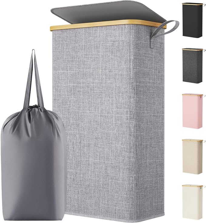 Lifewit 75L Slim Laundry Hamper with Lid, Narrow Laundry Basket with Removable Bag & Bamboo Handles, Fodable Thin Dirty Clothes Hamper for Laundry Collapsible Bin for Bathroom Bedroom Dorm, Gray