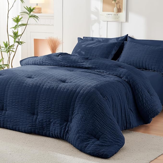 HYMOKEGE Navy Blue King Size Comforter Set Seersucker 7 Pieces, All Season Luxury Bed in a Bag for Bedroom, Bedding Set with Comforters, Sheets, Pillowcases & Shams