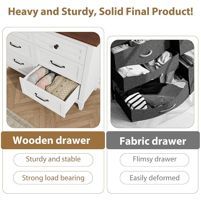 GarveeHome 6 Dresser for Bedroom, 47 in Wide Drawer Dresser with Storage Freestanding, Wooden Closet Storage Chest for Living Room, Bedroom, Entryway, White+Brown