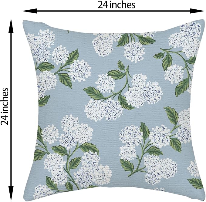 Light Blue Pillow Covers 24x24 Inch 2 Pcs Blue Green Hydrangea Flower Decor Throw Pillows Vintage Floral Seasonal Spring Summer Outdoor Decoration Pillowcase Linen Cushion Cover for Couch Sofa