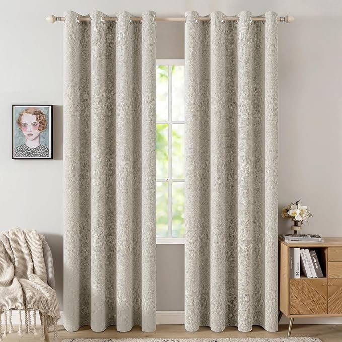 MIULEE 100% Blackout Linen Curtains for Bedroom 52x90 Inches Cobblestone | Room Darkening, Light Blocking, Thermal Insulated, Grommet Top, Linen Textured, Window Curtains for Living Room, 2 Panels