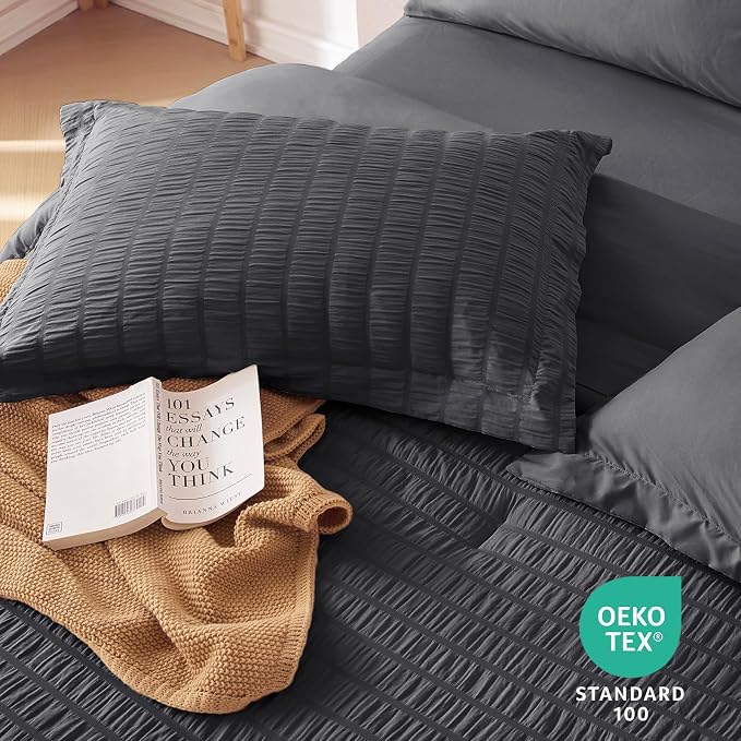 7 Pieces California King Comforter Set, Seersucker Bed in a Bag Cal King Size, All Season Luxury Bedding Set with Comforter, Flat Sheet, Fitted Sheet, Pillowcases & Shams, Dark Grey