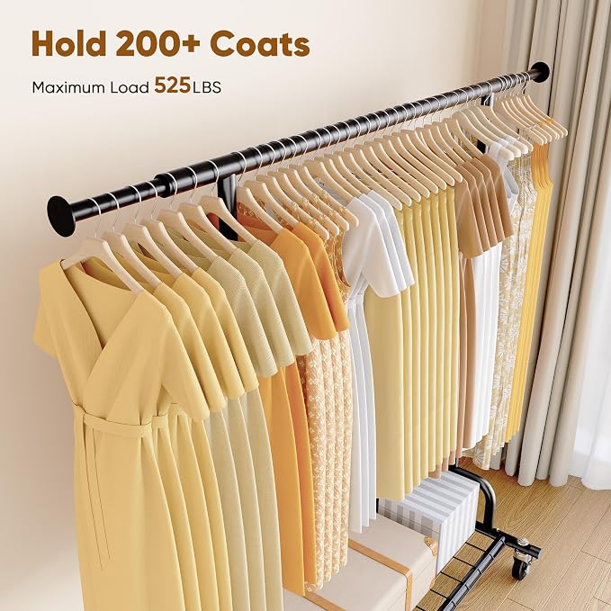 HOKEEPER Clothes Rack Collapsible Clothing Rack Capacity 525LBS Black | Clothing Racks on Wheels Heavy Duty Rolling Clothes Rack for Hanging Clothes for bedroom, Commercial, 22"D x 75"W x 71"H