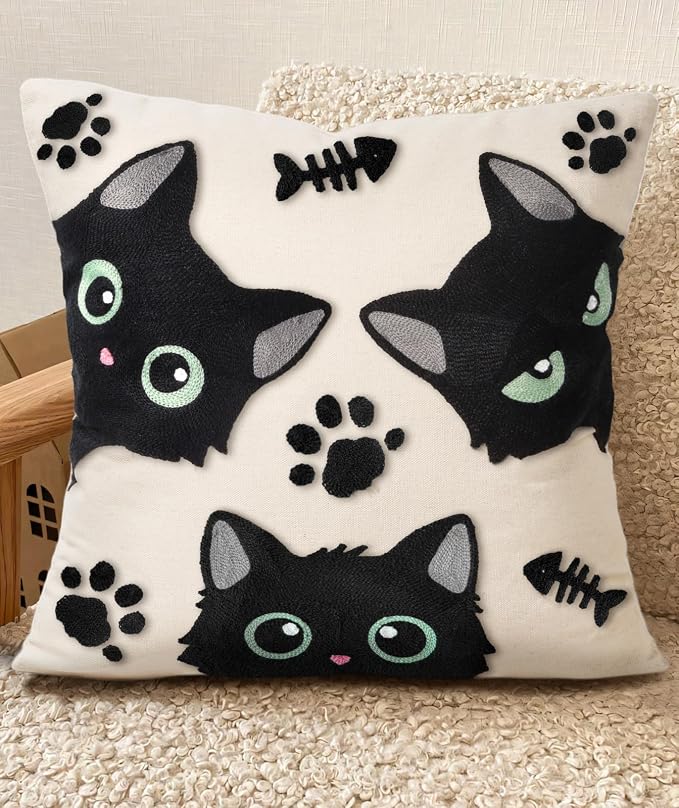 Embroidered Throw Pillow Cover 20x20 Inch, Cat Bone | Decorative Pillow Cover, Whimsical Cushion Case with Hidden Zipper, Cottagecore Decor for Couch, Sofa, Living Room, Bedroom
