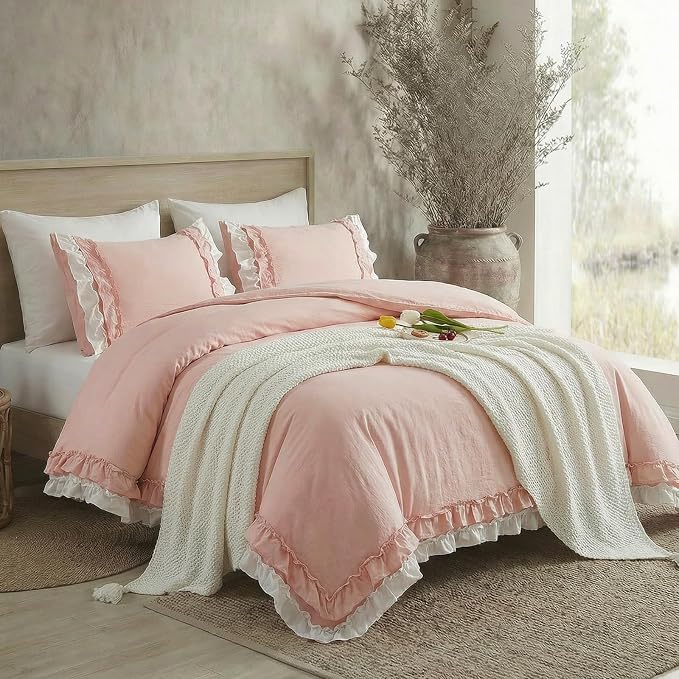 Bedorm Ruffle Duvet Cover King Coquette Bedding Ultra Soft Breathable Shabby Chic Bedding Pink Ruffled Duvet Cover Set Cute Comforter Cover