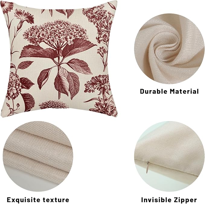 Burgundy Red Pillow Covers 16x16 Inch 2 Pcs Boho Vintage Floral Decor Throw Pillows Hydrangea Flower Seasonal Outdoor Farmhouse Neutral Accent Decoration Pillowcase Linen Cushion Cover for Sofa