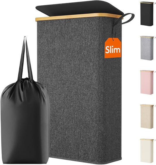 Lifewit 65L Slim Laundry Hamper with Lid, Narrow Laundry Basket with Removable Bag & Bamboo Handles, Fodable Thin Dirty Clothes Hamper for Laundry Collapsible Bin for Bathroom Bedroom Dorm, Dark Gray