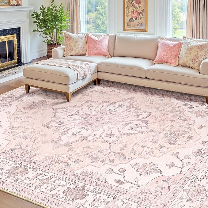 RELEANY Washable Area Rug, 7'x10', Pink | Non-Slip, Water Repellent, Pet Friendly, Easy to Clean, Vintage Floral Boho Decor for Living Room Bedroom Dining Room Office