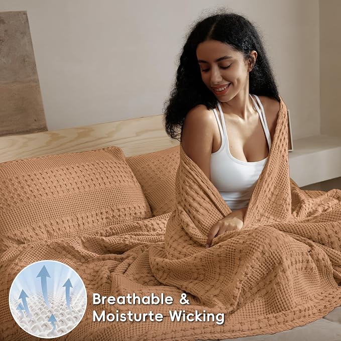 PHF Lightweight 100% Cotton Waffle Blanket for Bed, Twin XL, Clay | Pre-Washed Soft Cotton Comfort, Breathable Layering Warmth for Fall & Winter, Couch & Guest Room, Couch, Home Decor & Gifts