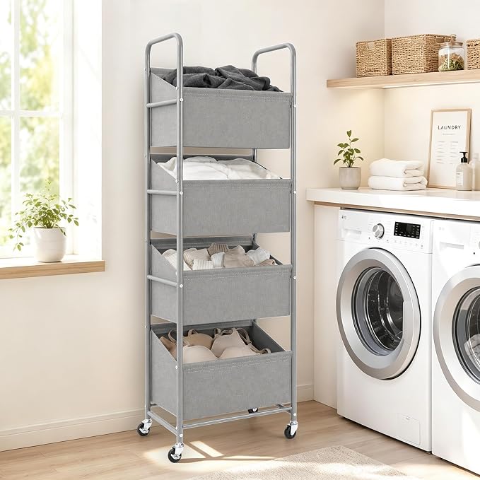 STO STO 4-Tier Vertical Rolling Laundry Hamper, Removable Bags, Gray Faric | 160L Capacity, Space-Saving Vertical Design, Rust-Resistant Steel Frame, Lockable Wheels, Ideal for Apartments & Small Spaces