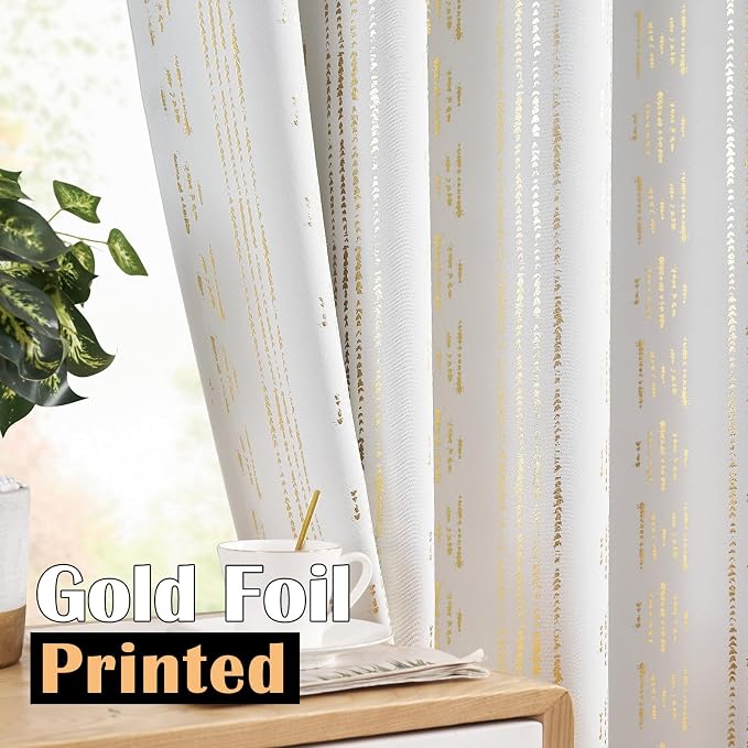 jinchan Boho Blackout Curtains 84 Inches Long for Bedroom Living Room | Gold on Off White Geometric Grommet Curtains Room Darkening Thermal Insulated Window Treatments 2 Panels