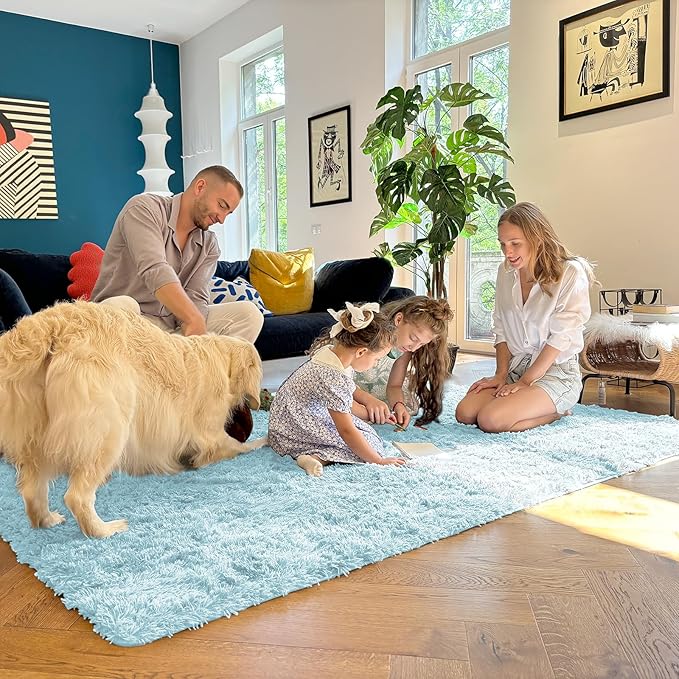 OLANLY 2x4 Machine Washable Runner Rugs for Hallway, Soft Fluffy Shaggy Bedside Rugs for Bedroom, Living Room, Indoor Floor Carpet for Kids Girls and Boys, Home Decor Aesthetic, Light Blue