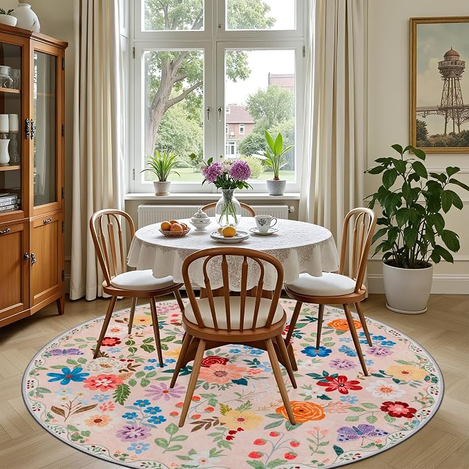 PLHXFR Round Area Rug Living Room: 6 ft Floral Washable Soft Carpet Beige | For Bedroom Dining Room Farmhouse Nursery Hallway,Vintage Floral,Machine washable,Non Slip,Stain Resistant,Large Indoor