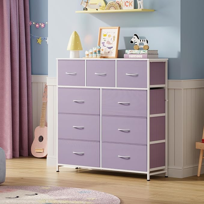 WLIVE Tall Dresser for Bedroom, 9 Drawer Chest of Drawers, Purple | 9 roomy fabric drawers, Tall storage design, Bedroom or closet use, Sturdy steel frame, Smooth wood tabletop