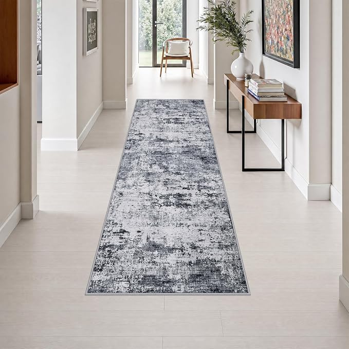 2.6x8 Washable Runner Rug：Modern Abstract Kitchen Soft Carpet Grey | For Hallway, Bedroom, Kitchen, Laundry, Bathroom,Door Mat,Modern Abstract,Machine washable,Non-Slip,Stain Resistant,Indoor