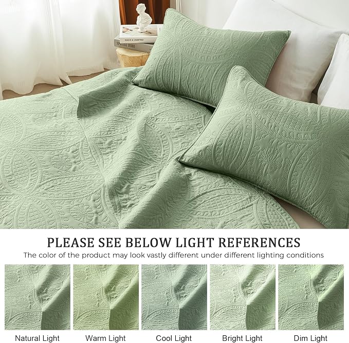 akkialla 118"x106" Sage Green California King Quilt Set, Oversized Floor-Length Bedspread, Modern Coin Pattern Microfiber Coverlet, 3-Piece All Season Bedding with 2 Pillow Shams