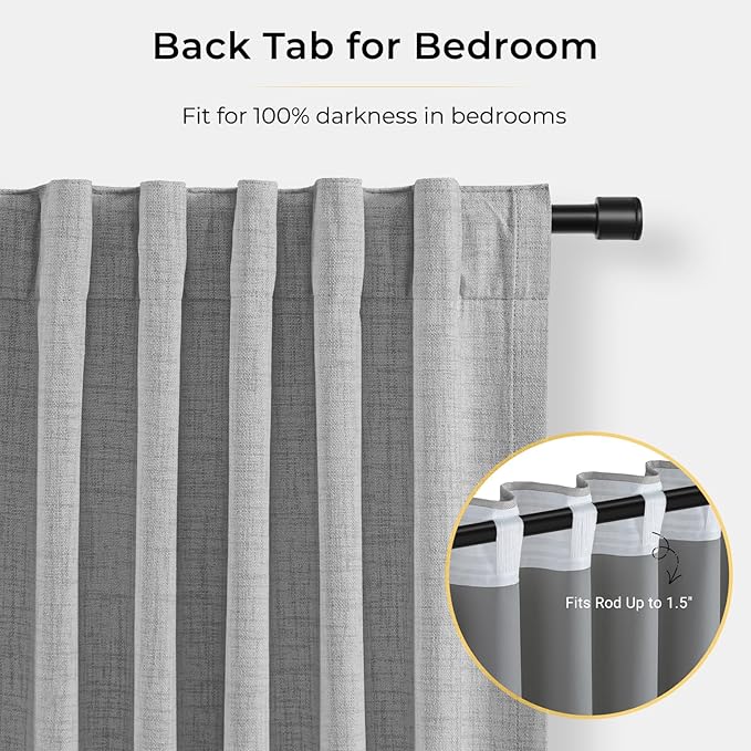 INOVADAY 100% Blackout Curtains for Bedroom Black Out Curtain 102 Inch Long | Grey Curtains for Living Room 2 Panels, Clip Rings Linen Look Blackout Drapes, Thermal Insulated Room Darkening,W50xL102