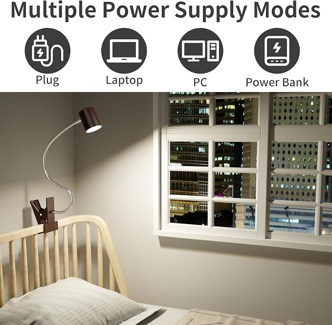 Dott Arts Desk Lamp,USB Clip On Light with 3 Color Modes,LED Reading Lamp | 360° Gooseneck Book Light,Eye-Care Reading Light for Home Office,10 Brightness Headboards Brown