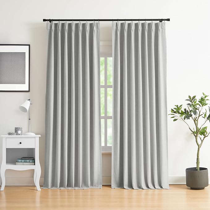 WEST LAKE Light Grey French Pleat Curtain Panels 90 Inches Length,Linen Blended Pinch Pleated Drapes for Bedroom Living Room,Modern Window Treatment,Back Tabs Hooks,40" Wx90 L(Pack of 2)