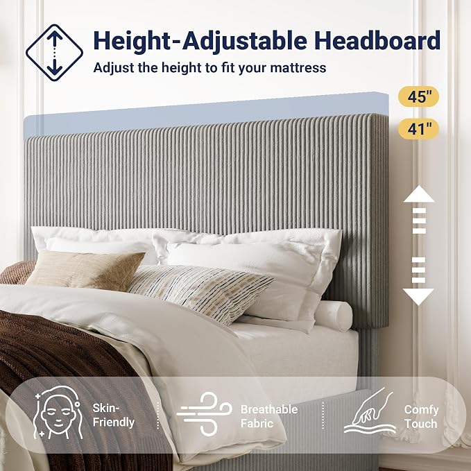Allewie Queen Bed Frame, Adjustable Corduroy Headboard, Platform, Grey | Adjustable Headboard, Corduroy Fabric, Low Profile, Wooden Slats, 900 lb Capacity, No Box Spring Needed