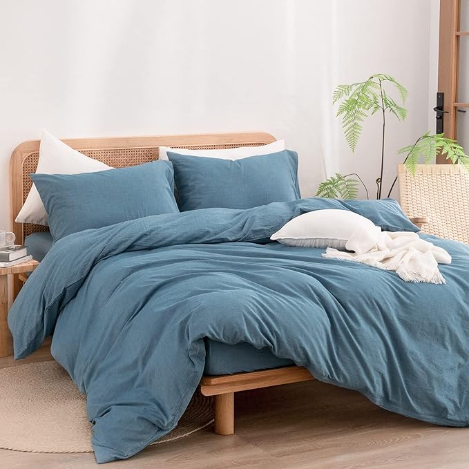BESTOUCH Cotton Solid Duvet Cover Set Linen Feel Dark Blue Queen | 100% Washed Cotton, Soft Wrinkle Texture, Hidden Zipper, 8 Ties, Breathable Lightweight Durable Comfy, 3 Pcs No Insert