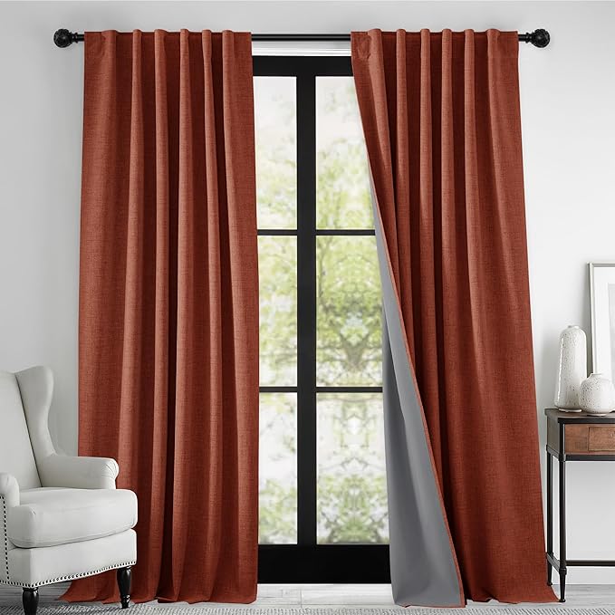 RYB HOME 100% Blackout Linen Textured Curtains 84 Inch Long for Nursery | Thermal Insulated, Privacy Assurd, for Bedroom Living Room Window Office Dining Room, Terracotta, W52 x L84, 2 Panels