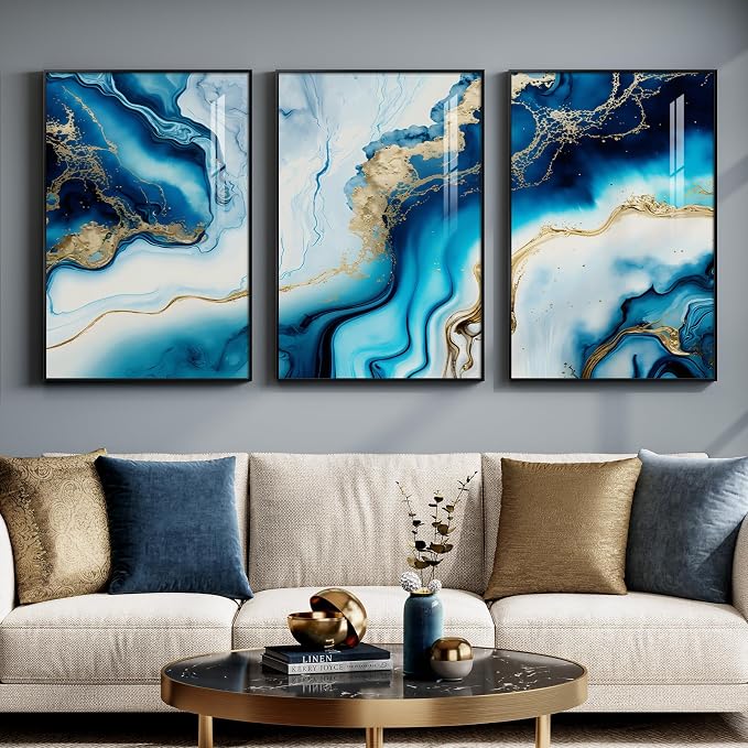 Large Framed Blue and Gold Abstract Wall Art for Living Room, 3 Piece 24x36 | Luxury contemporary pictures, Bright art prints, Modern paintings, Elegant artwork for walls, Wall decor for hallway office