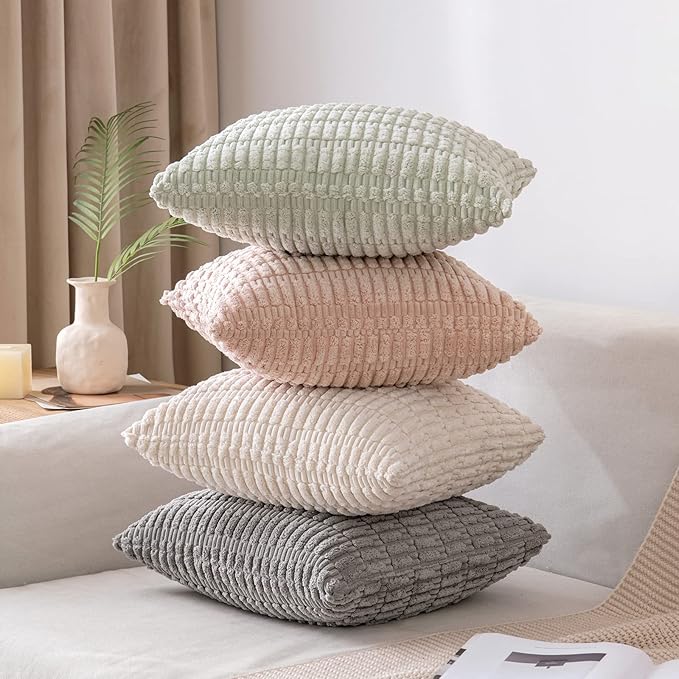 MIULEE Euro Sham Corduroy Decorative Throw Pillow Covers 24x24 Light Green | Pack of 2 Soft Boho Striped Pillow Covers Modern Farmhouse Home Decor For Sofa Living Room Couch Bed