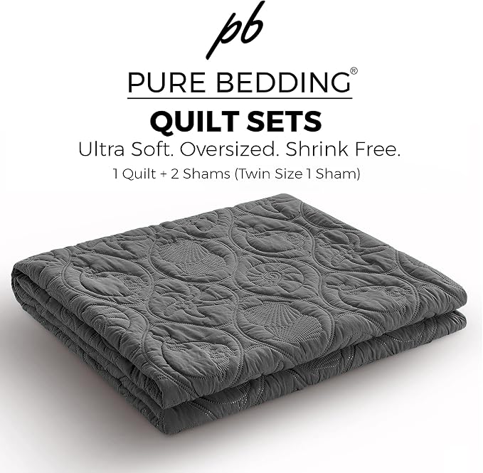Pure Bedding Quilt Set King/Cal King/California King Size Dark Grey - Oversized Bedspread - Microfiber Coverlet - Includes 1 Quilt and 2 Shams, Ocean Star Pattern