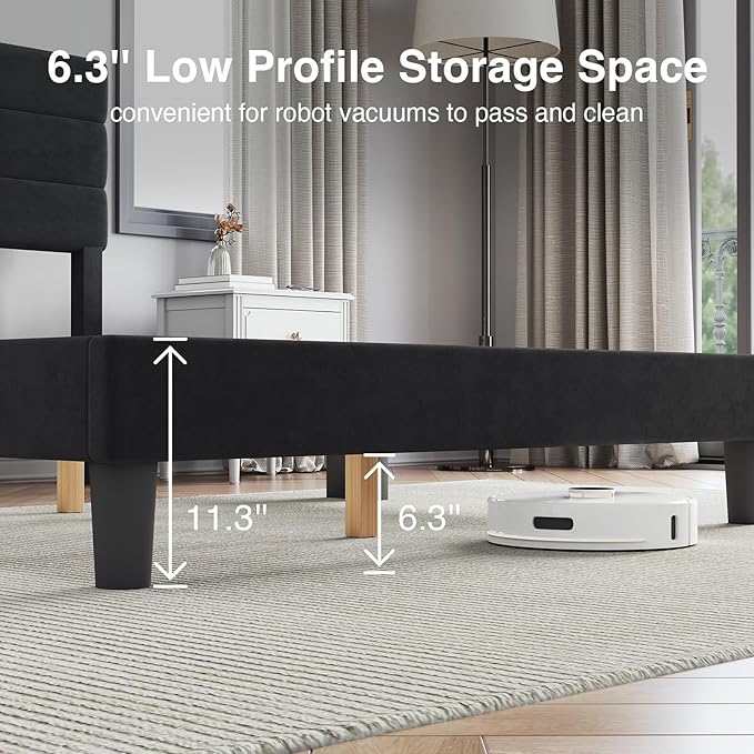 Novilla King Bed Frame and Headboard, King Bed Frame, Velvet Upholstered Stripe Bed Frames, No Box Spring Needed, Heavy Duty Feet, Easy Assembly, Black Velvet