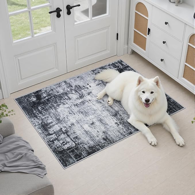 2x3 Washable Entryway Rug: Modern Abstract Soft Carpet Dark Black | For Entrance, Bedroom, Kitchen, Laundry, Bathroom,Door Mat,Modern Abstract,Machine washable,Non-Slip,Stain Resistant,Indoor