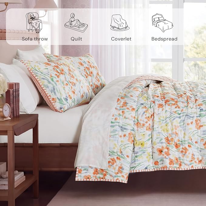 Twin/Twin XL Quilt Set-2 Pieces Soft Bedding Floral Reversible Coverlet | All Seasons Lightweight Quilts Queen Size for Bed, Breathable Vintage Bedspread with Sham, Orange Floral