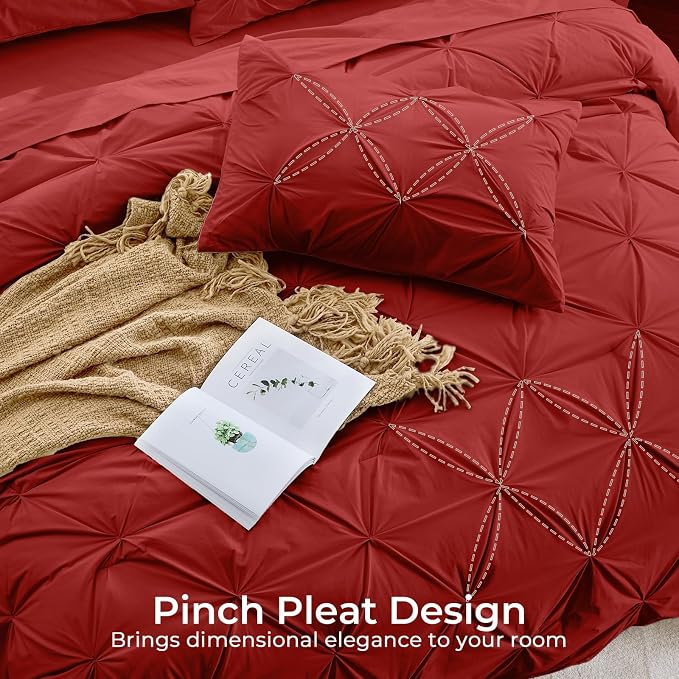 Sasttie King Size Comforter Set, 7-Piece Bed in a Bag, Pintuck Bedding Set for All Season, Includes Comforter, Flat Sheet, Fitted Sheet, Pillowcases and Pillowshams, Red