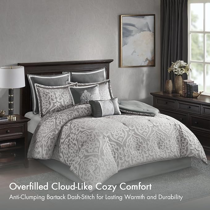 Madison Park Odette Cozy Comforter Set Jacquard Damask Medallion Design - Modern All Season, Down Alternative Bedding, Shams, Decorative Pillows, Queen(90 in x 90 in), Silver 8 Piece | All Season Down Alternative Bedding with Comforter, Shams, Bed Skir...