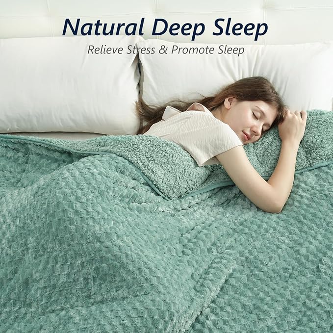 Mr. Sandman Weighted Blankets for Adults, Queen Size 60 x 80 Inches, 15lbs | Machine Washable; Soft Warm Sherpa Fleece; Jacquard Flannel Filled with Glass Beads; Heavy Throw for Sleep and Calm; Green