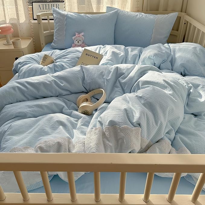 mixinni Blue White Gingham Duvet Cover Twin XL Size - 3 Piece Cottagecore Plaid Bedding Set with Lace Trim, Soft Washed Microfiber Vintage Aesthetic Grid Comforter Cover & Pillow Shams