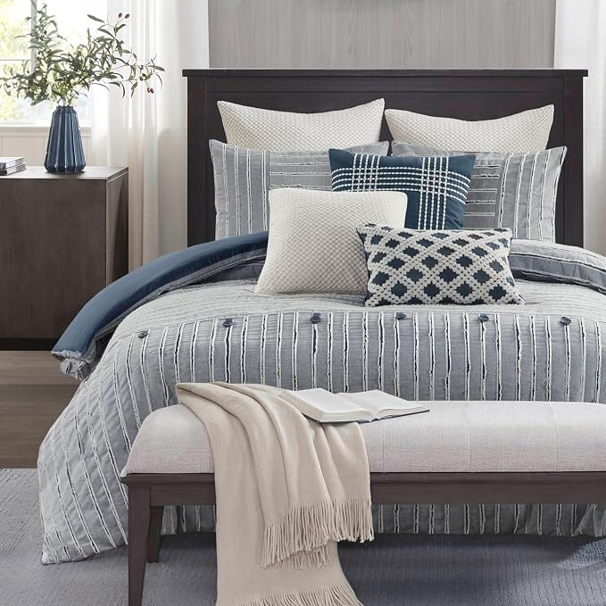 Madison Park Farmhouse Queen Cotton Comforter Set with Removable Cover, 8pc | Clipped Jacquard Stripes with Buttons Bedding Set, Boho, Oversized, Easy Care, Breathable, Cozy, All Season, Ultra Soft